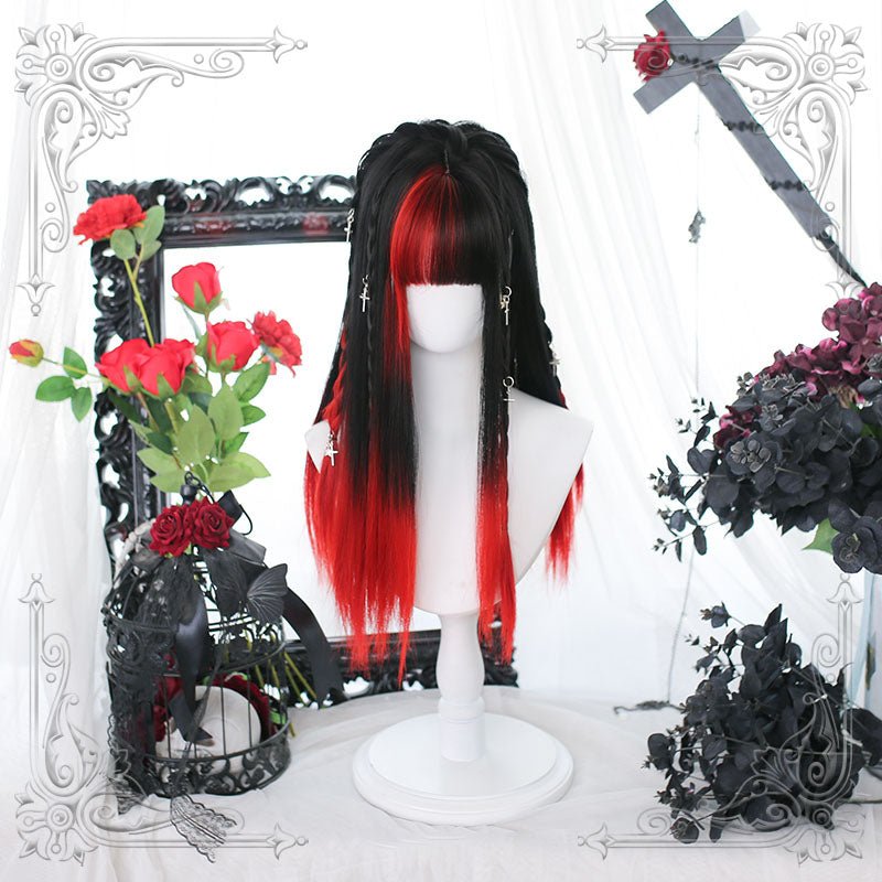 Lolita Black Mixed Red Long Straight Cosplay Wigs - lemailwigs