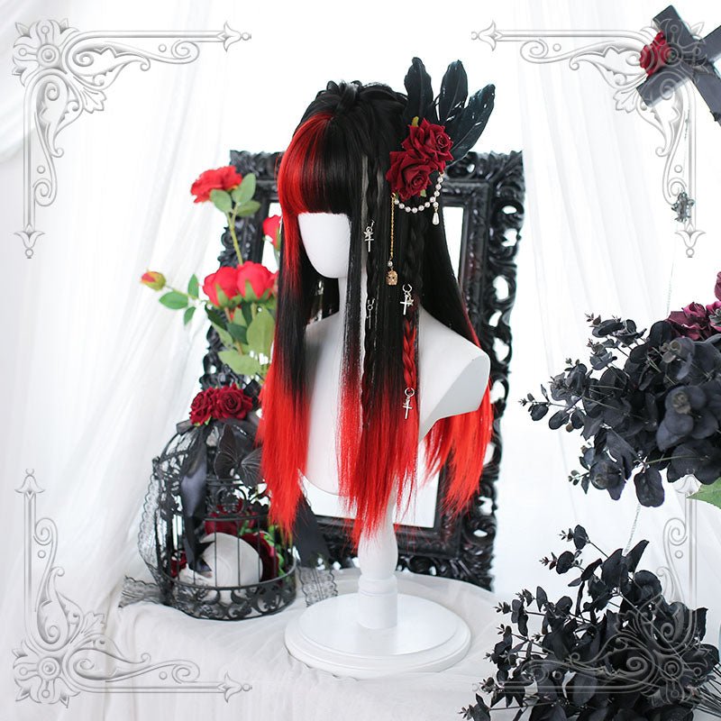 Lolita Black Mixed Red Long Straight Cosplay Wigs - lemailwigs