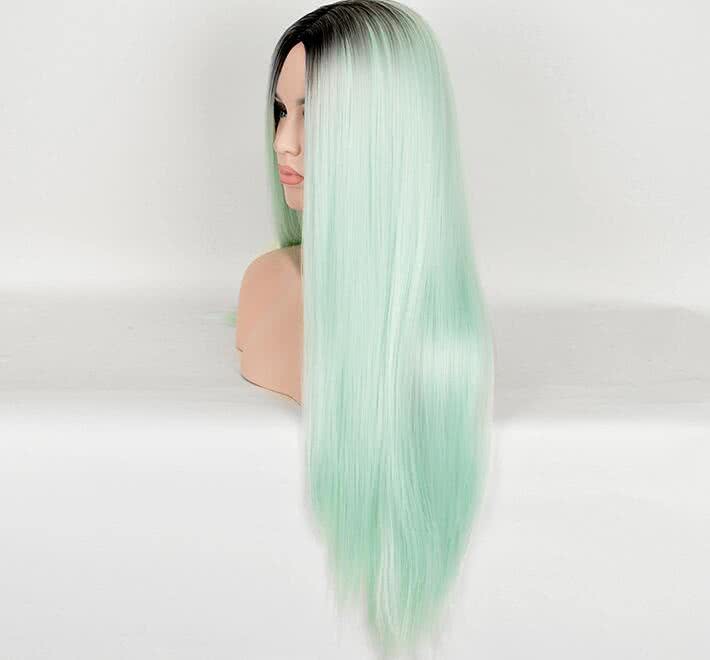 Long Straight Black to Green Mint Ombre Synthetic Hair Wigs For Women - lemailwigs