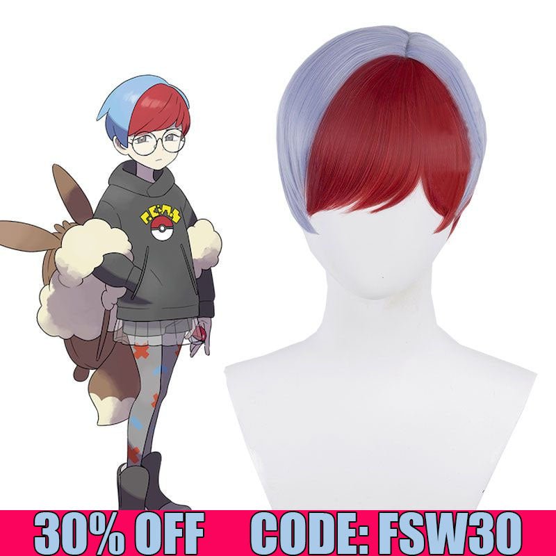 Pokemon Scarlet and Violet Penny Blue Mixed Red Cosplay Wig - lemailwigs