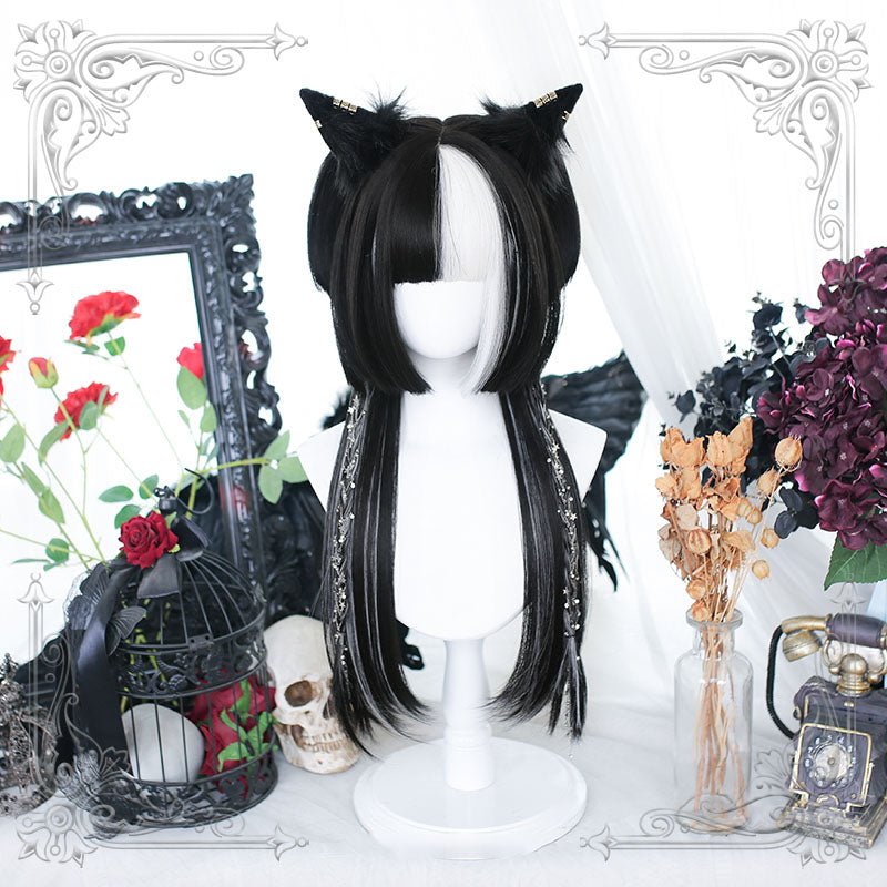 Lolita Black Mixed White Long Straight Cosplay Wig - lemailwigs